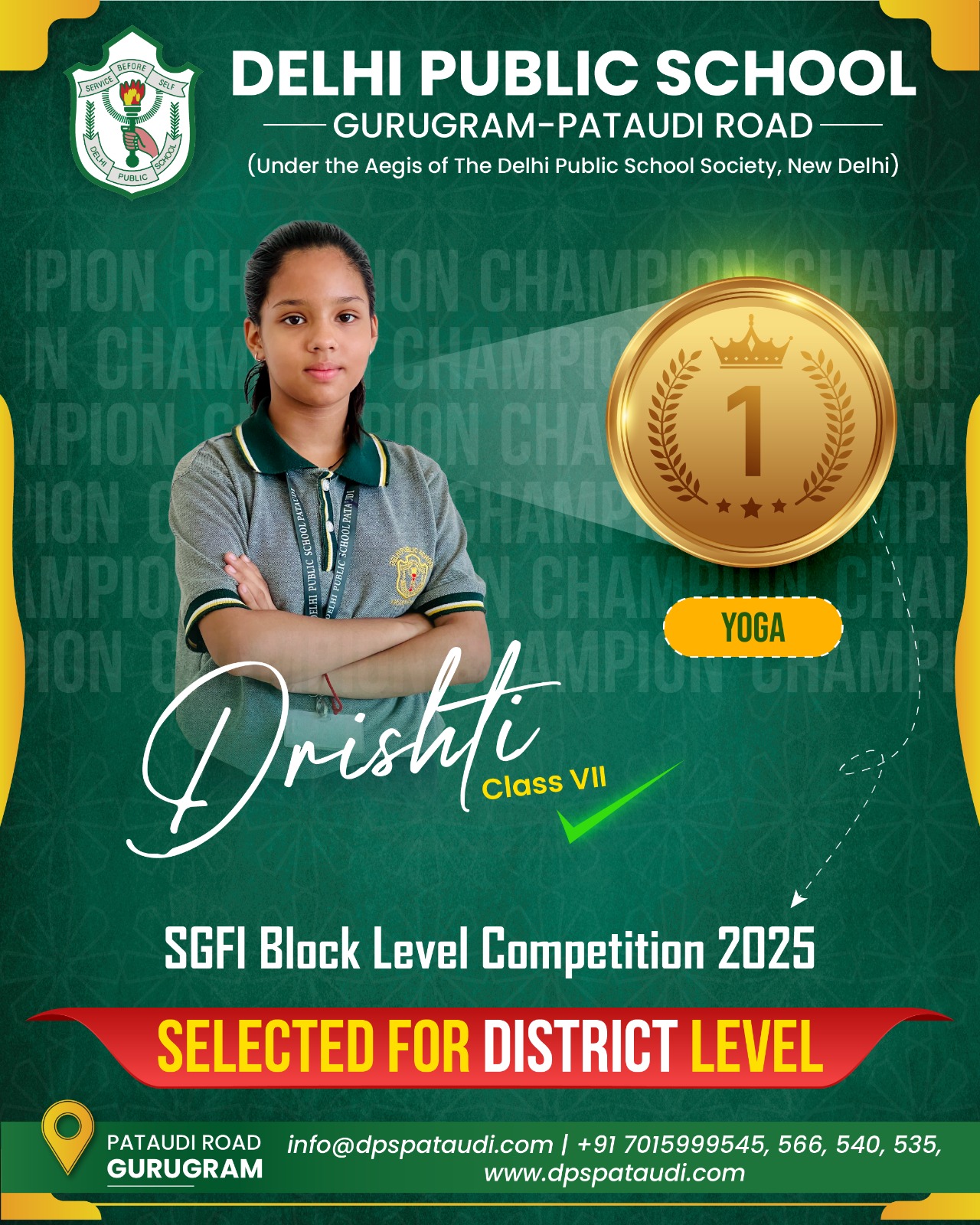 Drishti Khandwal Win of DPS Pataudi wins Gold medal